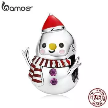BAMOER, стерлинговое серебро 925 пробы, цвет, капающее масло, милый маленький снеговик, украшенный бисером для женщин, ювелирные изделия, подарок на праздник 925 silver