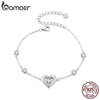 BAMOER, стерлинговое серебро 925 пробы, двойное сердце, регулируемые браслеты, классическая цепочка с кубическим цирконием, ювелирные изделия, подарок для женщин