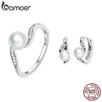 BAMOER, стерлинговое серебро 925 пробы, геометрическое качество, жемчужное кольцо в виде ракушки и пряжка для ушей, комплект ювелирных изделий, набор украшений с фианитом для женщин, подарок на помолвку 6