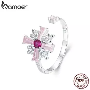 BAMOER Стерлинговое серебро 925 пробы Ирис Крест-кольцо Сверкающее эффектное кольцо для женщин с розовым фианитом BSR526-E серебряный