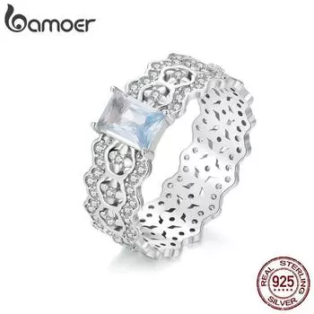 BAMOER Стерлинговое Серебро 925 пробы Изысканное кружевное кольцо с фианитом, массивное, с платиновым наполнителем, простой, замысловатой текстурой, элегантный ремешок 6