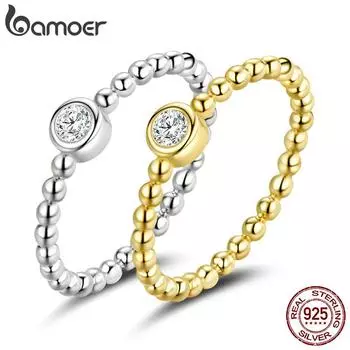 BAMOER Стерлинговое серебро 925 пробы Элегантное модное блестящее циркониевое позолоченное круглое регулируемое кольцо в форме бусины с платиновым покрытием для женщин Изящные ювелирные изделия 7 золотой