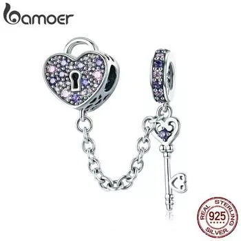 BAMOER Стерлинговое серебро 925 пробы Ключ с сердечком Замок Кристалл CZ Цепные подвески подходят для браслетов с подвесками