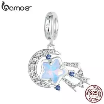 BAMOER Стерлинговое серебро 925 пробы Мечтательный подвесной метеоритные бусины, подвески в виде луны и звезды, совместимые с женским браслетом-ожерельем SCC2681
