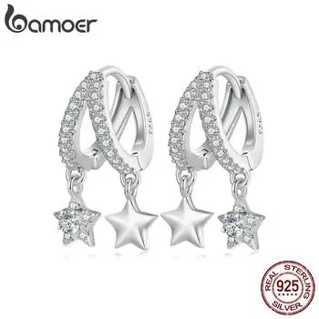 BAMOER, стерлинговое серебро 925 пробы, мерцающие звезды, пряжки для ушей, двойные круглые серьги-кольца для женщин, помолвочные, свадебные, ювелирные украшения, подарок 925 silver