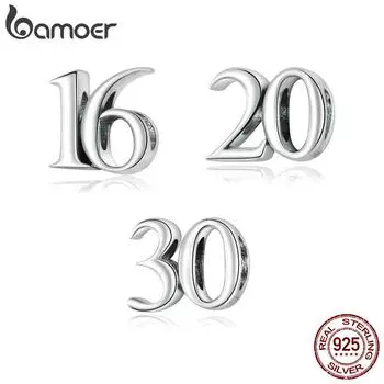 BAMOER Стерлинговое Серебро 925 пробы, окисленное серебро, простые цифры 16, 20, 30, бусины, защищающие металлический шарм, подходят для оригинального серебряного браслета A