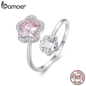 BAMOER, стерлинговое серебро 925 пробы, ослепительно розовый цветок, открывающееся кольцо, милое регулируемое кольцо с вишневым цветом для женщин, подарок на День Святого Валентина