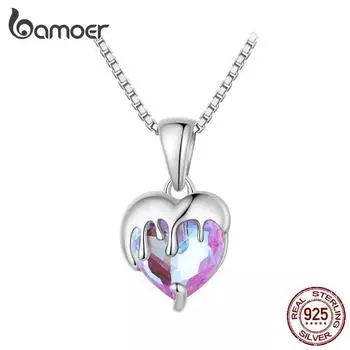 BAMOER, стерлинговое серебро 925 пробы, плавкое фиолетовое прозрачное стекло, подвеска в форме сердца, ожерелье для женщин и девочек, ювелирные изделия на день рождения, подарок