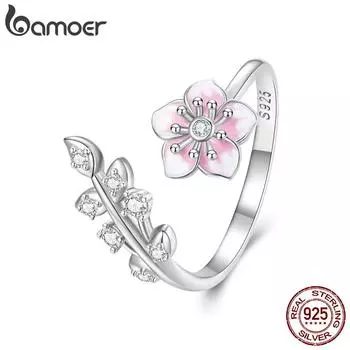 BAMOER, стерлинговое серебро 925 пробы, розовое кольцо с цветком вишни, эмалированное регулируемое кольцо с цветком для женщин, ювелирные изделия с кубическим цирконием 925 silver