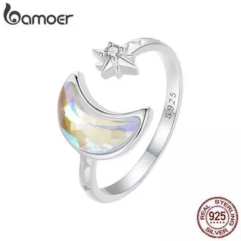 BAMOER Стерлинговое серебро 925 пробы с луной и звездой, регулируемое кольцо, ювелирное изделие, подарок для женщин 925 silver