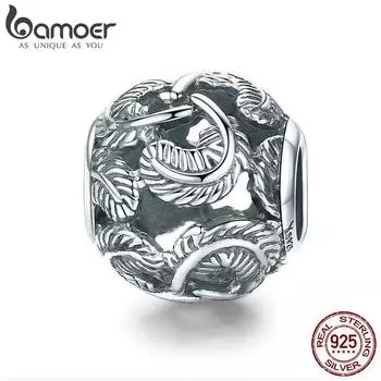 BAMOER Стерлинговое серебро 925 пробы, штабелируемые круглые бусины с перьями, подходят для браслета-подвески