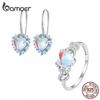 BAMOER, стерлинговое серебро 925 пробы, синие и белые цирконы, зажимы для ушей и кольцо в форме сердца с лунным камнем для женщин, комплект ювелирных украшений, свадебный подарок 6