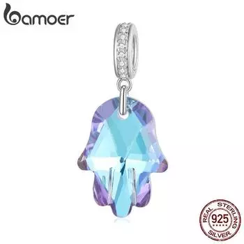 BAMOER, стерлинговое серебро 925 пробы, синий и фиолетовый, постепенно меняющееся стекло, подвеска в виде руки Фатимы, бусины-хранители, подвески для рук для женщин