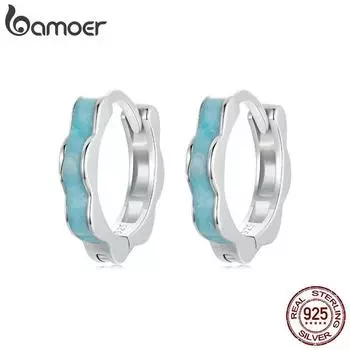 BAMOER, стерлинговое серебро 925 пробы, синяя эмаль, форма цветка, пряжки для ушей, шпильки-гвоздики для женщин, платиновые ювелирные изделия BSE955