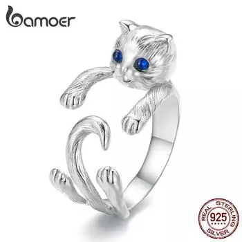 BAMOER, стерлинговое серебро 925 пробы, синяя шпинель, кольцо с отверстием для объятий кота, регулируемое кольцо в виде животного для женщин, подарок на день рождения, ювелирные изделия