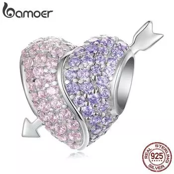 BAMOER Стерлинговое серебро 925 пробы со сверкающими фиолетовыми и розовыми цирконами Тай Чи и подвесками в форме сердца из бисера, ювелирные украшения 925 silver