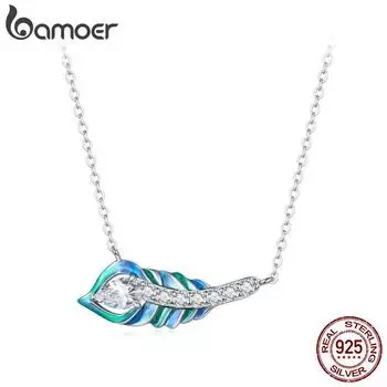 BAMOER, стерлинговое серебро 925 пробы, сверкающий циркон, синяя эмаль, подвеска в виде пера павлина, ожерелье для женщин, подарок на день Святого Валентина 925 silver