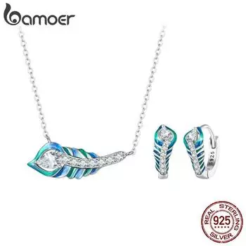 BAMOER, стерлинговое серебро 925 пробы, сверкающий циркон, синяя эмаль, подвеска в виде пера павлина, цепочка, ожерелье, комплект ювелирных изделий для женщин 925 silver