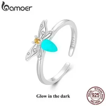 Bamoer, стерлинговое серебро 925 пробы, светящееся регулируемое кольцо в виде пчелы, светящееся в темноте кольцо с открытием насекомых для женщин, подарок на день рождения BSR521-E серебряный