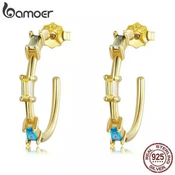 BAMOER Стерлинговое серебро 925 пробы, трехцветные квадратные цирконы, позолоченные серьги-гвоздики, модные украшения 925 silver