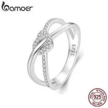 BAMOER, стерлинговое серебро 925 пробы, витое кольцо с геометрическим рисунком, двухслойное кольцо с узлом в форме сердца, обручальное кольцо, ювелирные изделия, подарок для женщин 7