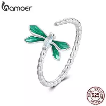 Bamoer, стерлинговое серебро 925 пробы, зеленая эмаль, открывающееся кольцо со стрекозой, регулируемое кольцо с насекомыми для женщин, подарок на вечеринку, ювелирные изделия BSR537-E