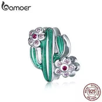 BAMOER Стерлинговое серебро 925 пробы, зеленая эмаль, кактус с цветочными бусинами, подвеска для оригинального браслета 925 silver