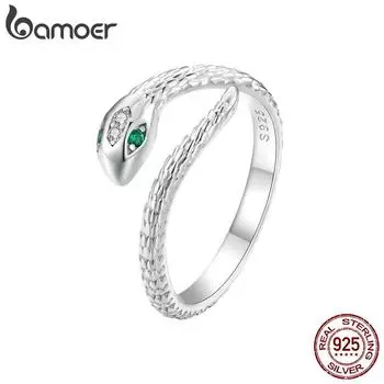 BAMOER, стерлинговое серебро 925 пробы, зеленая шпинель, регулируемое кольцо в виде змеи, открывающееся кольцо в виде змеиной чешуи, платиновое покрытие, ювелирные изделия для женщин 925 silver