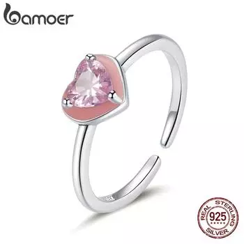 BAMOER Стерлинговое Серебро 925 Розовое Сердце Солнечное Кольцо Женское Штабелируемое Регулируемое Кольцо