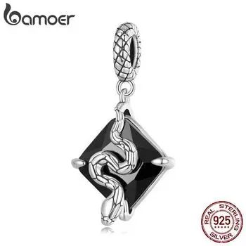 BAMOER Стерлингового Серебра 925 Черный Квадратный Стеклянный Змея Висячие Бусины Змеиный Узор Подвески для Женщин Браслет Ожерелье 925 silver