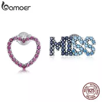 BAMOER стерлингового серебра 925 пробы 1 пара красочных циркониевых асимметричных сережек-гвоздиков MISS U для женщин элегантные изящные ювелирные изделия