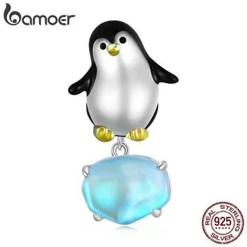 BAMOER Стерлингового Серебра 925 пробы, эмаль, бусина в виде пингвина, синие хрустальные подвески для женщин, оригинальный браслет и ожерелье 925 silver
