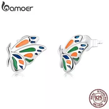 BAMOER Стерлингового Серебра 925 пробы блестящие бабочки женские серьги-гвоздики красочная бабочка корейские простые серьги-гвоздики изящные ювелирные изделия в подарок 925 silver