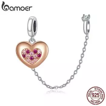 BAMOER Стерлингового Серебра 925 пробы Блестящий Розовый Циркон Розовое Золото Подвеска в форме сердца подходит для оригинального браслета 3 мм DIY Ювелирные изделия 925 silver