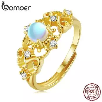 BAMOER Стерлингового Серебра 925 пробы, большой синий драгоценный камень, регулируемое кольцо для женщин, позолоченное кольцо Eternity Band, роскошное обручальное кольцо, подарок 925 silver