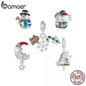 BAMOER Стерлингового Серебра 925 пробы Бусины Снеговика Рождественский Колокольчик Подвески для Женщин Браслет Рождественский Подарок Изящные Ювелирные Изделия D