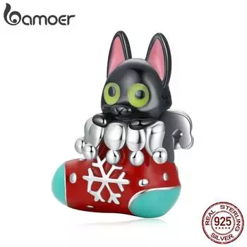 BAMOER стерлингового серебра 925 пробы, черный кот и рождественский чулок, подвеска, подходит для женщин, браслет и браслет, рождественский подарок 925 silver