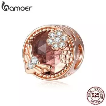 BAMOER стерлингового серебра 925 пробы цвета розового золота маленькие пчелки и цветы очаровательные бусины для оригинальных 3 мм браслетов и ожерелья DIY ювелирные изделия