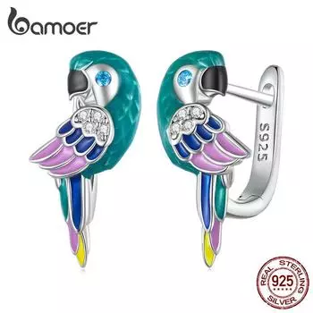 BAMOER стерлингового серебра 925 пробы, цветная эмаль, пряжки для ушей попугая, серьги-кольца с птицами для женщин, ювелирные изделия с платиновым покрытием 925 silver