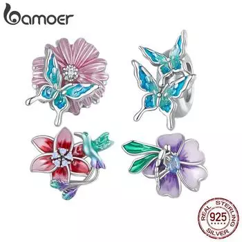 BAMOER Стерлингового Серебра 925 пробы цветок и птица из бисера-бабочки подвески для женщин оригинальный браслет и браслет эмалированной обработки ювелирные изделия D