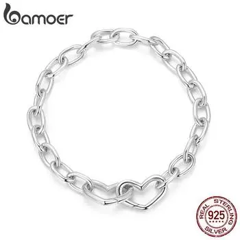 BAMOER стерлингового серебра 925 пробы двойные сердечки с застежкой браслеты для женщин женские DIY кулон браслеты-манжеты с подвесками BSB172-19