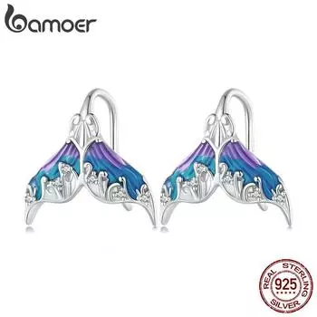 BAMOER стерлингового серебра 925 пробы Фэнтезийный хвост русалки серьги с синей эмалью для женщин вечерние ювелирные изделия в подарок 925 silver