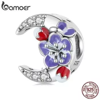BAMOER Стерлингового Серебра 925 пробы, фиолетовые эмалированные бусины с цветами и луной, подвески для браслета и браслета «сделай сам», женские ювелирные изделия 925 silver