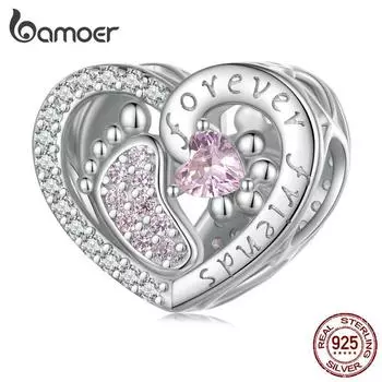 BAMOER стерлингового серебра 925 пробы фиолетовый циркон сердце бусины след подвески для женщин оригинальный браслет ювелирные изделия