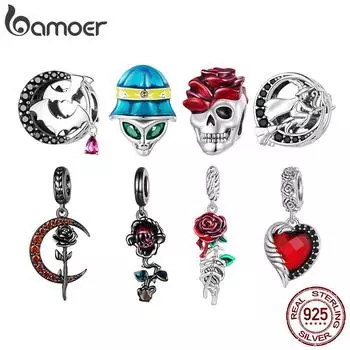 BAMOER Стерлингового Серебра 925 пробы Хэллоуин Коллекция Подвески Череп Бусина Роза Подвеска подходит DIY Браслет и Браслет Изящные Ювелирные Изделия A