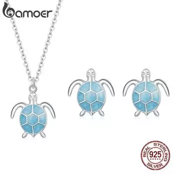 BAMOER стерлингового серебра 925 пробы игривый синий черепаха кулон ожерелья и серьги для женщин комплект ювелирных изделий серебряный