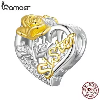 BAMOER стерлингового серебра 925 пробы изысканное сердце Роза и сестра с гравировкой очаровательные бусины для женщин оригинальный браслет и ювелирные изделия 925 silver