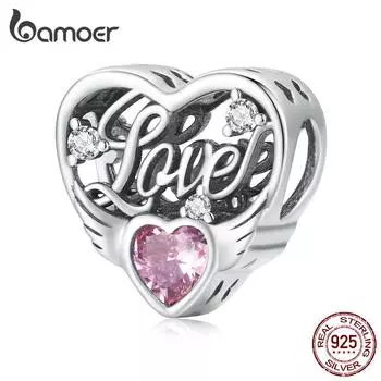 BAMOER стерлингового серебра 925 пробы изысканный светло-розовый циркон полые бусины в форме сердца для женщин ювелирные изделия 925 silver