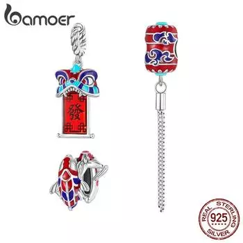 BAMOER стерлингового серебра 925 пробы, китайский новогодний сериал, красная эмаль, танцующий лев, подвесная бусина для женщин, браслет и ожерелье B
