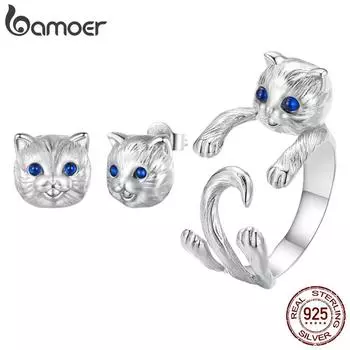 BAMOER стерлингового серебра 925 пробы, кольцо с отверстием для объятий кота и серьги-гвоздики с изображением кота, комплект украшений, синяя шпинель, ювелирные украшения для женщин